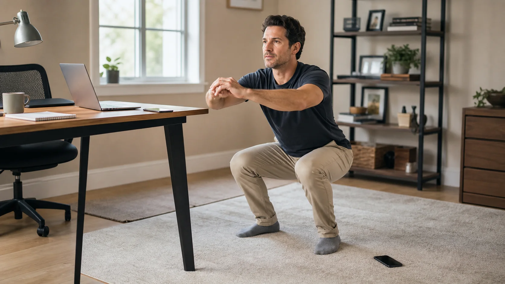Fit man doing squats beside a desk in a home office with a phone nearby