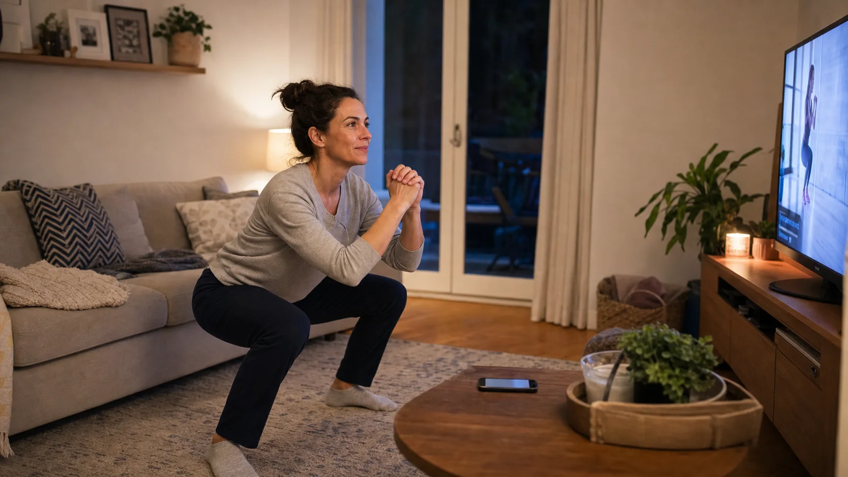 Fit woman doing squats in a living room while a phone rests on the coffee table