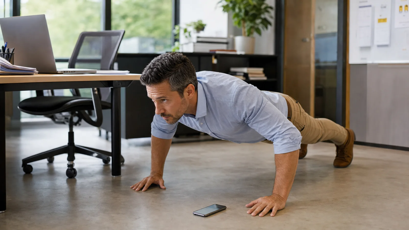 Fit man doing a push-up beside an office desk with a phone on the floor