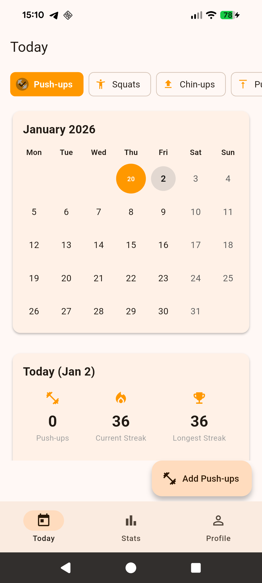 StreakUp Today screen showing calendar and streaks