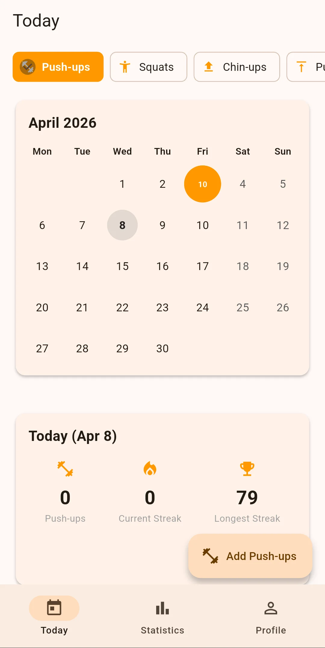 StreakUp Today screen showing calendar and streaks