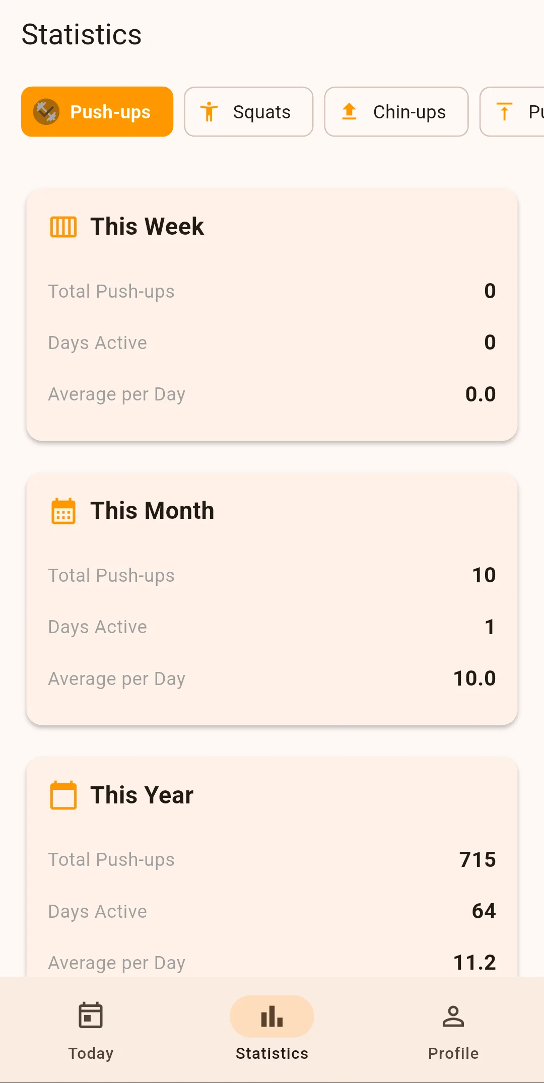 StreakUp statistics showing weekly, monthly, and yearly push-up totals